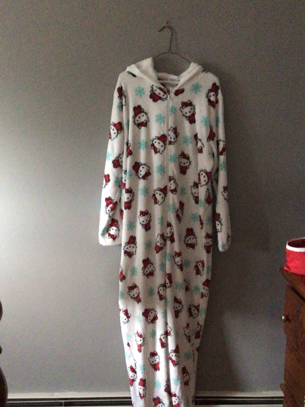 Hello Kitty White Fleece Hooded Onesie Pajama with Red and Aqua Accents